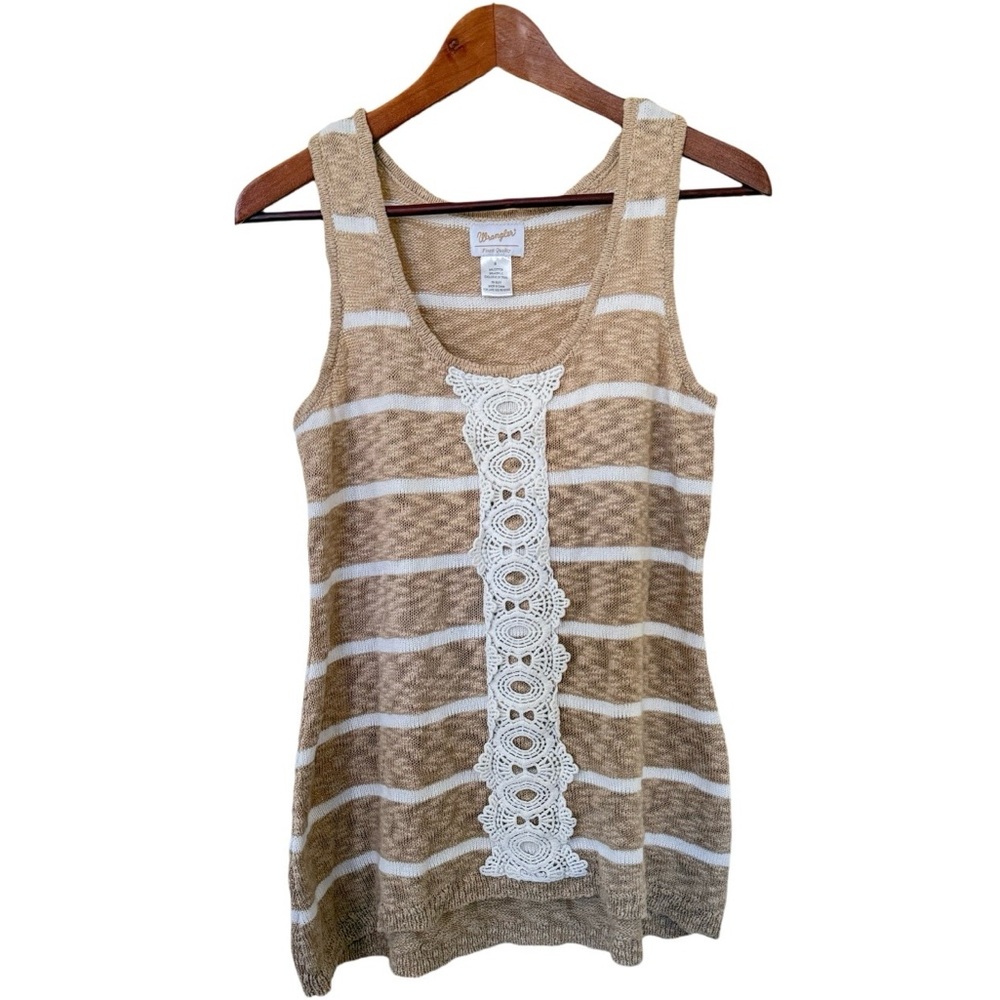 Wrangler Women’s Tan & White Striped Tank Top Cotton Blend Embroidery Sz S